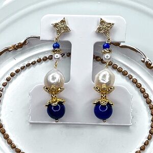 Handmade Freshwater Baroque Edison Pearl Lapis Gold Plated Crystal Earrings